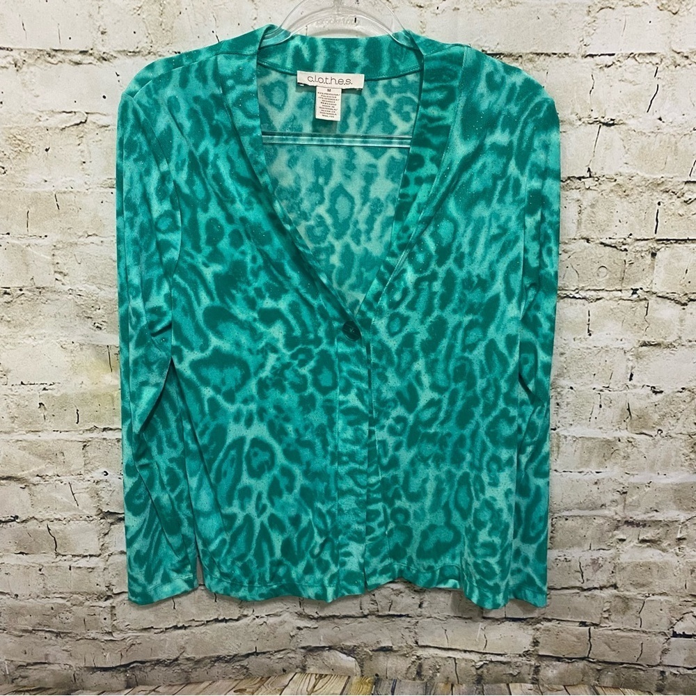 C.L.O.T.H.E.S. Green Leopard Print Gold Speckled Slinky Knit Cardigan Bl…